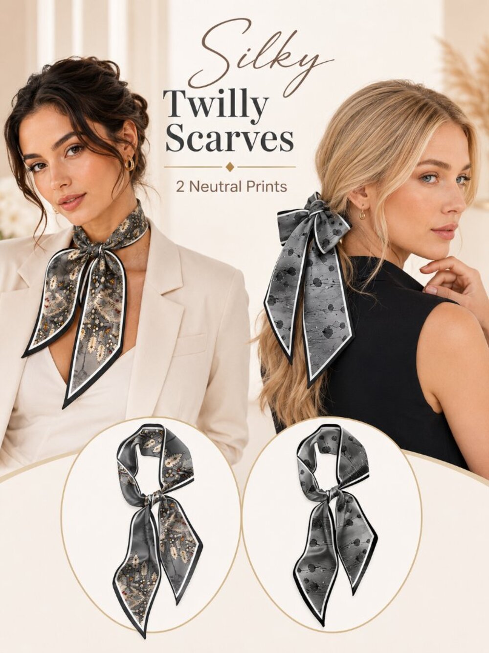 2PCS Satin Silk-Feeling Hair & Neck Scarf Set – Black Floral – 59" x 6.7"
